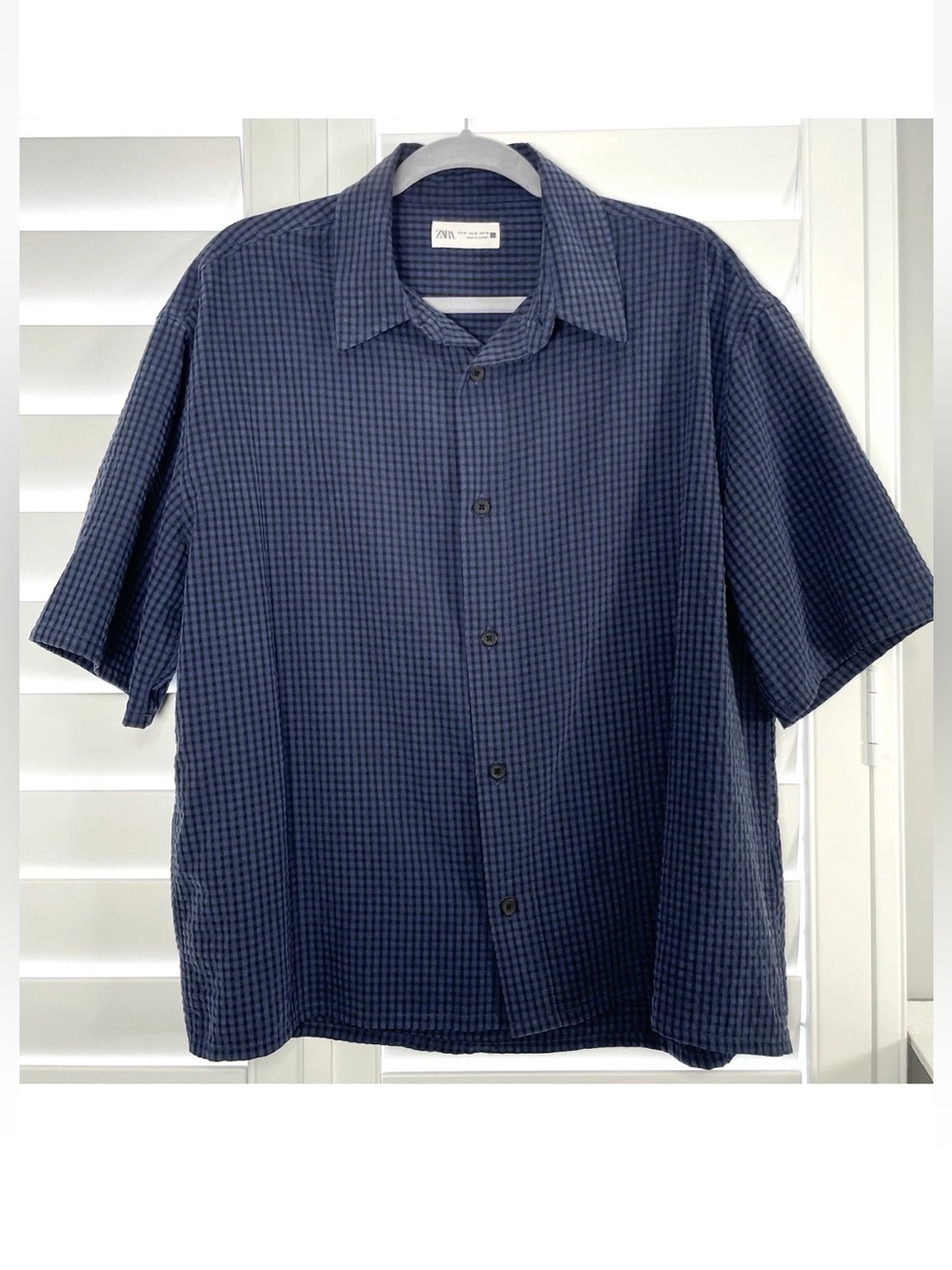 ZARA men’s Blue Black Textured Boxy Fit Button Down Short Sleeve Size M Classic